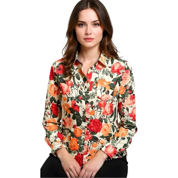 Talbots Petite 100% Botanical Floral Rose Print button down Shirt Size 12P - Picture 5 of 5